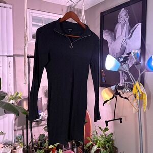 Ambiance Ribbed Knit Quarter Zip Dress Charcoal Gray Long Sleeve Size L
